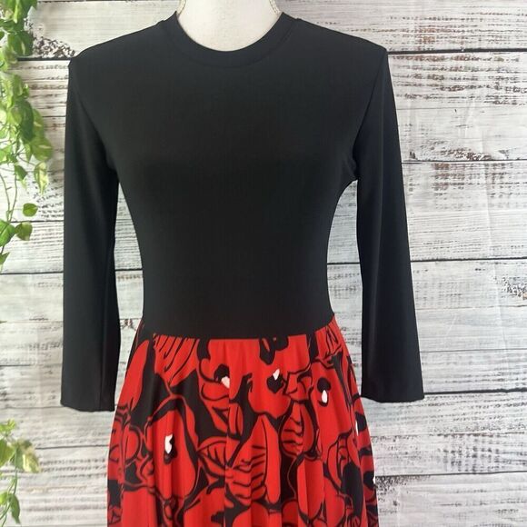 Kamalikulture Dress sz Small Black Red Floral Stretch Knee Modest Career Church - Picture 8 of 16